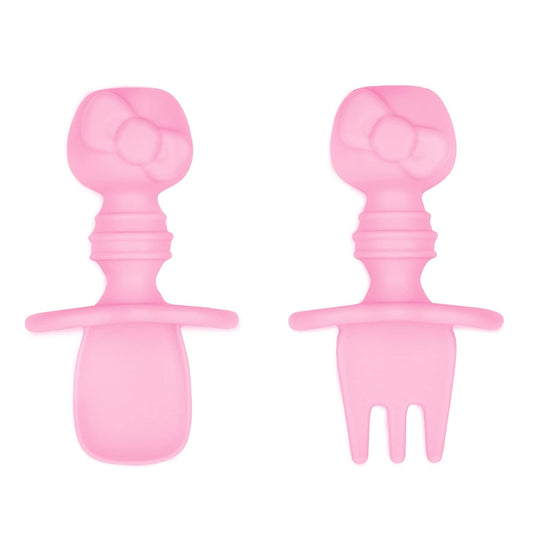Bumkins Baby Utensils Set, Chewtensils Silicone Spoons for Dipping, Self-Feeding, Baby Led Weaning, Trainer Learning, First Stage Eating, Soft Practice Fork and Spoon, 6 Months, Hello Kitty Pink