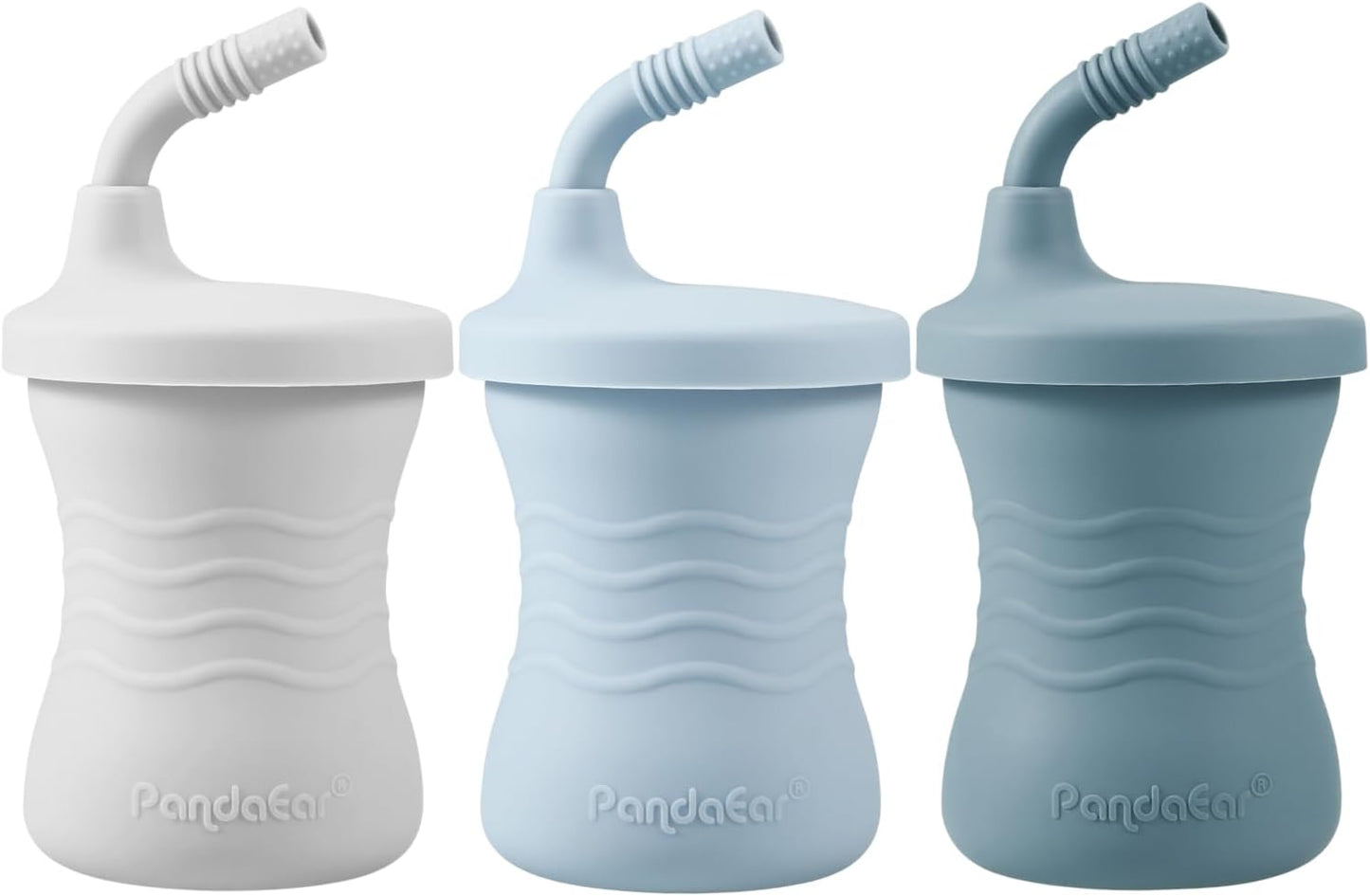 PandaEar Silicone Training Cup, 3 Pack Baby Drinking Sippy Cups with Straw for Baby and Toddler 6 Months+ (Dark Blue/Light Blue/Gray)