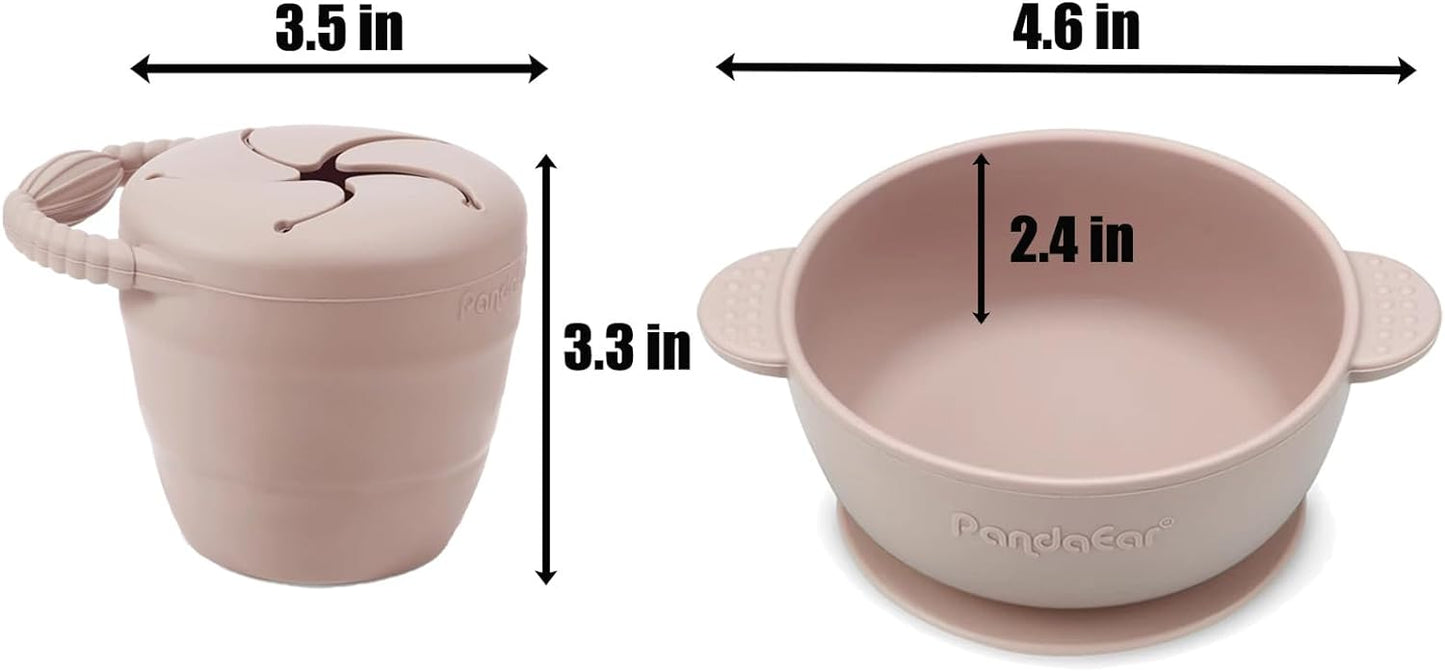 PandaEar Silicone Baby Feeding Set | 9PCS Baby Led Weaning Supplies Self Feeding Utensils | Divided Suction Plate Bowl Bibs Sippy Cup with Baby Snack Container Spoons Forks (Pink)