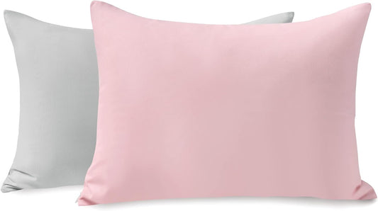 TILLYOU Toddler Pillowcase 2 Pack with Zipper,Silky Soft Microfiber 13" x 18" Kids Travel Pillow Cases, Gray & Pink