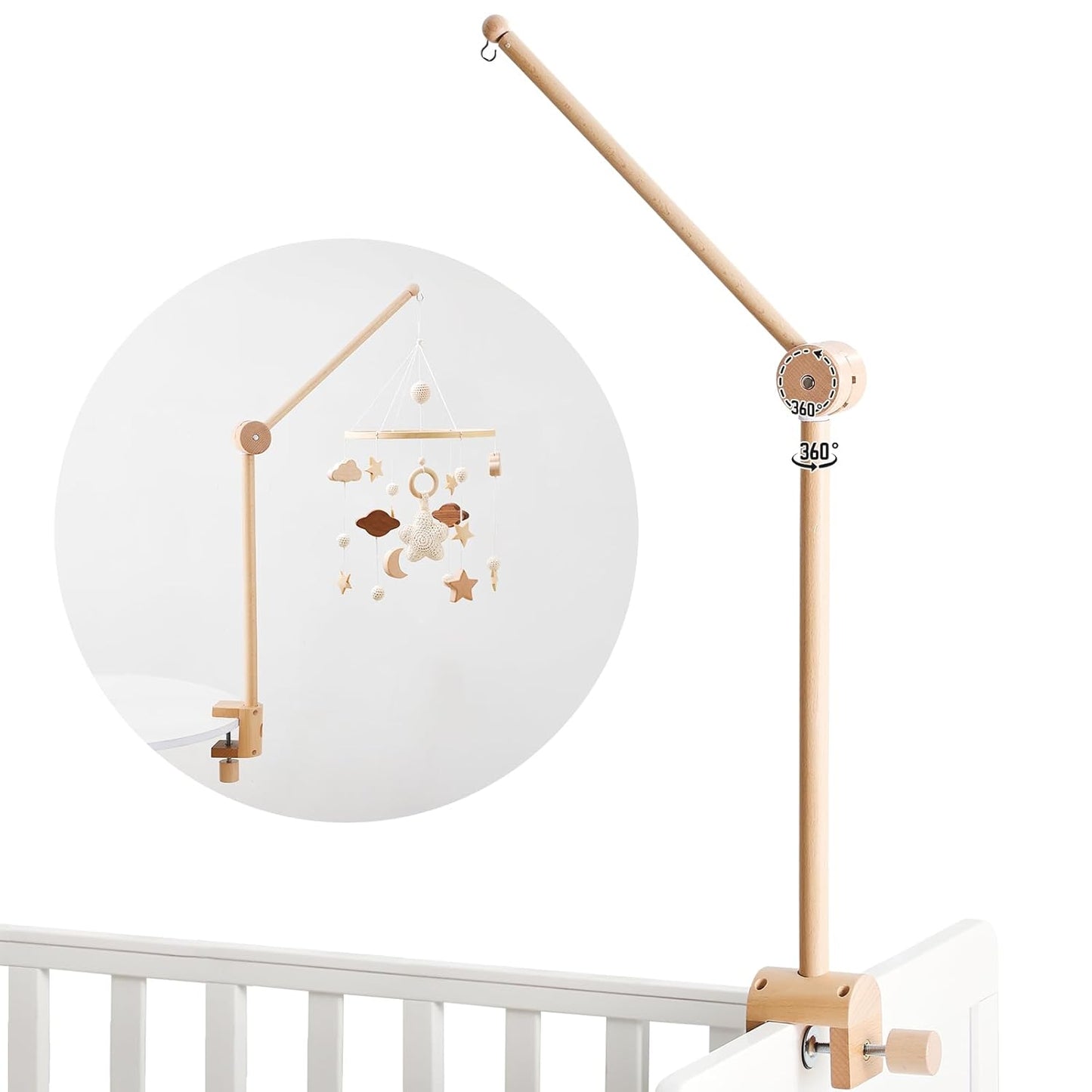 Baby Crib Mobile Arm - Wooden Mobile Arm with Height Adjustable＆360° Rotatable Upgraded Arched Base Nursery Mobile Holder for Crib Mobile Hanger Baby Crib Attachment Nursery Decor
