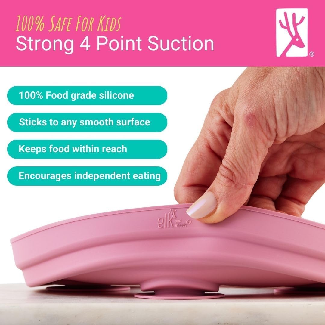 Elk and Friends Stainless Steel Divided Plates with Silicone Sleeve for Babies & Toddlers | Lids Included | Stay Put Suction | Dinner & Snack Plates | 2 Pack