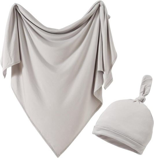 iEvolve Cotton Knitted Baby Swaddle Blanket with Hat Headband Set Newborn Swaddle Wrap Receiving Blankets for Baby Girl Boy 35" x 35"(Grey)
