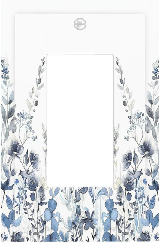 Decorative Outlet Covers Light Blue Watercolor Leaves Plant With Floral 1 Gang Single Rocker Light Switch Cover Plate Wall Plates GFCI Faceplate for Bedroom Bathroom Decor
