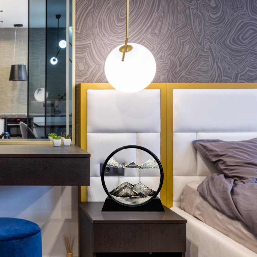 Aoderun Moving Sand Art Picture Round Glass 3D Deep Sea Sandscape in Motion Display Flowing Sand Frame Relaxing Desktop Home Office Work Decor (12", Black)