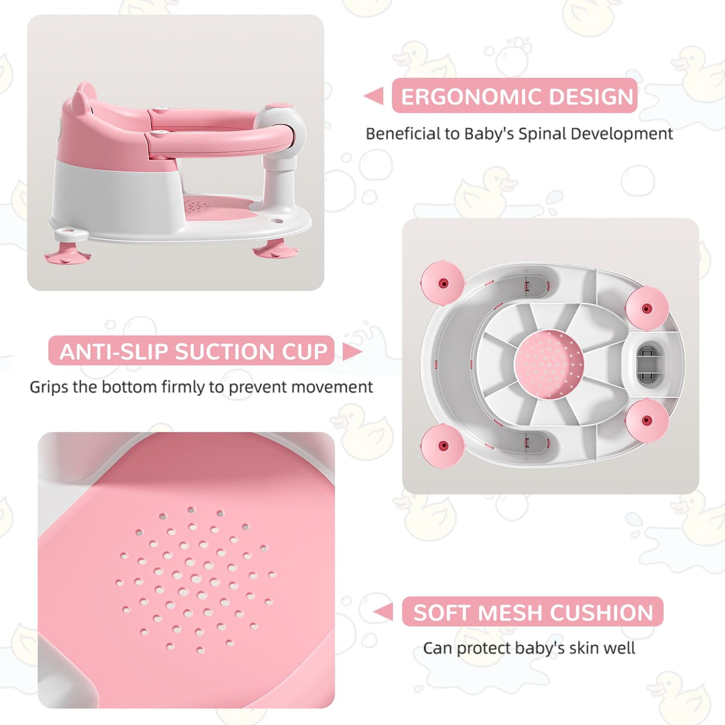 Baby Bath Seat for Babies 6 Months & up, Non-Slip Toddler Bath Seats for Babies Sitting Up, Safe Infant & Newborn Bathtub Chair with 4 Suction Cups & Soft Cushion for Shower,Pink