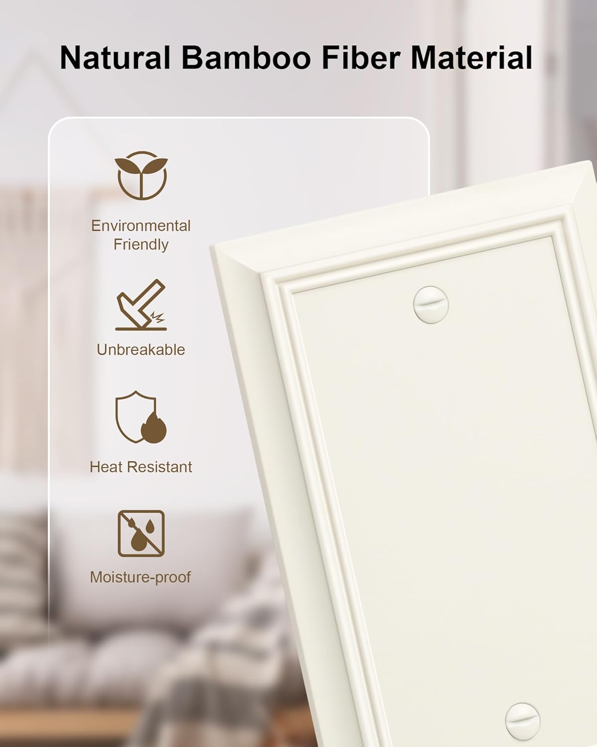 2-Pack Single Blank Wall Plate, Durable Natural Bamboo Fiber Wall Plate Cover,Light Almond 1 Gang Wall Plate for Unused Outlets/Switches, Corrosion Resistant