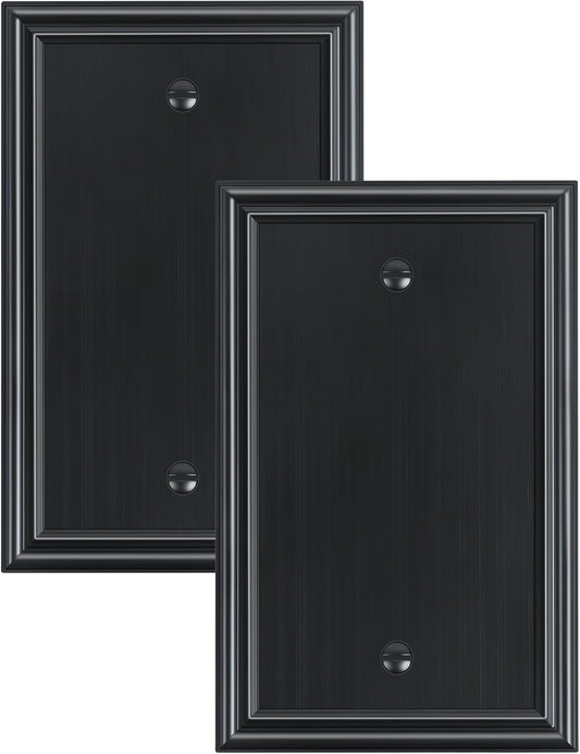 2-Pack Single Blank Wall Plates, Durable Solid Zinc Alloy Blank Outlet Covers, Decorative Black Wall Plate Cover for Unused Outlets/Switches, Corrosion Resistant