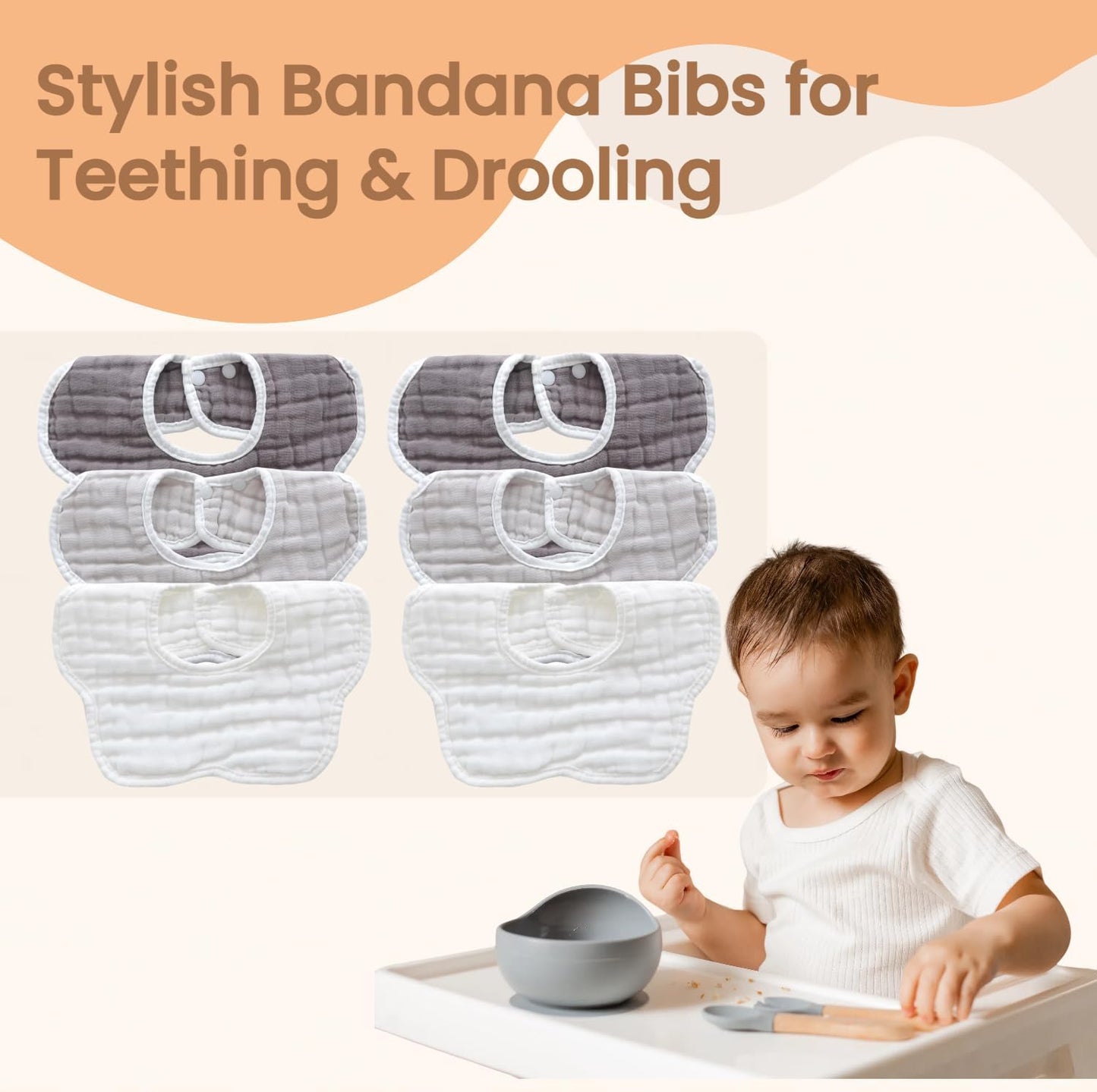 MUKIN Baby Drooling Towel, Snap Bibs, Muslin Bibs, 6 Pack, Adjustable, Soft Cotton