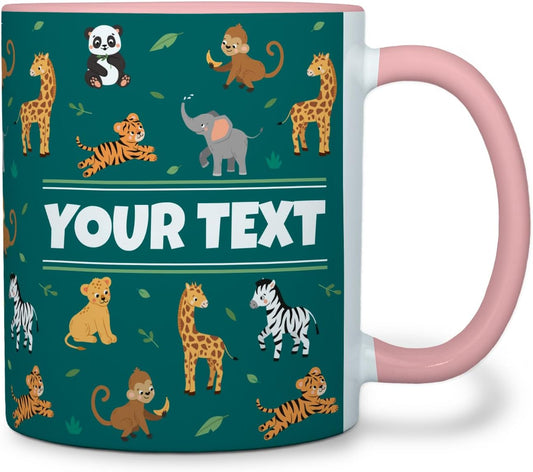 Personalized Mug for Kids - Zoo Animals - Custom Name/Text, Ceramic Hot Chocolate/Cocoa/Coffee Cup for Boys/Girls, Birthday/Christmas/Holiday Gift - 11 oz, Pink Handle
