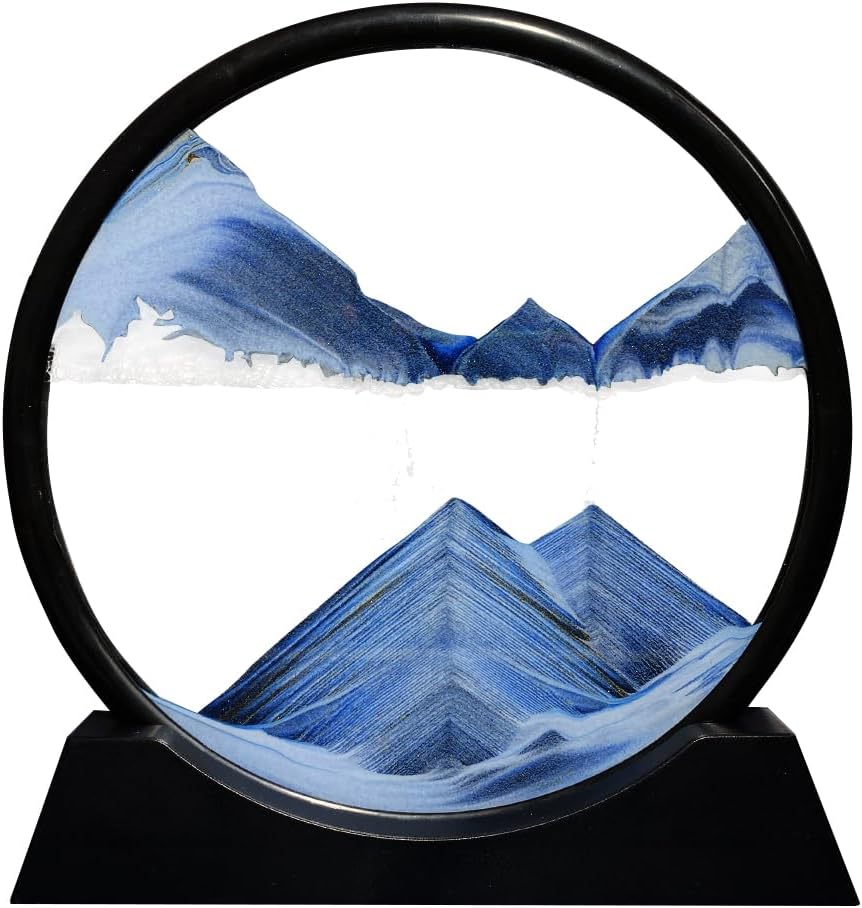 Aoderun Moving Sand Art Picture Round Glass 3D Deep Sea Sandscape in Motion Display Flowing Sand Frame Relaxing Desktop Home Office Work Decor (7", New blue)