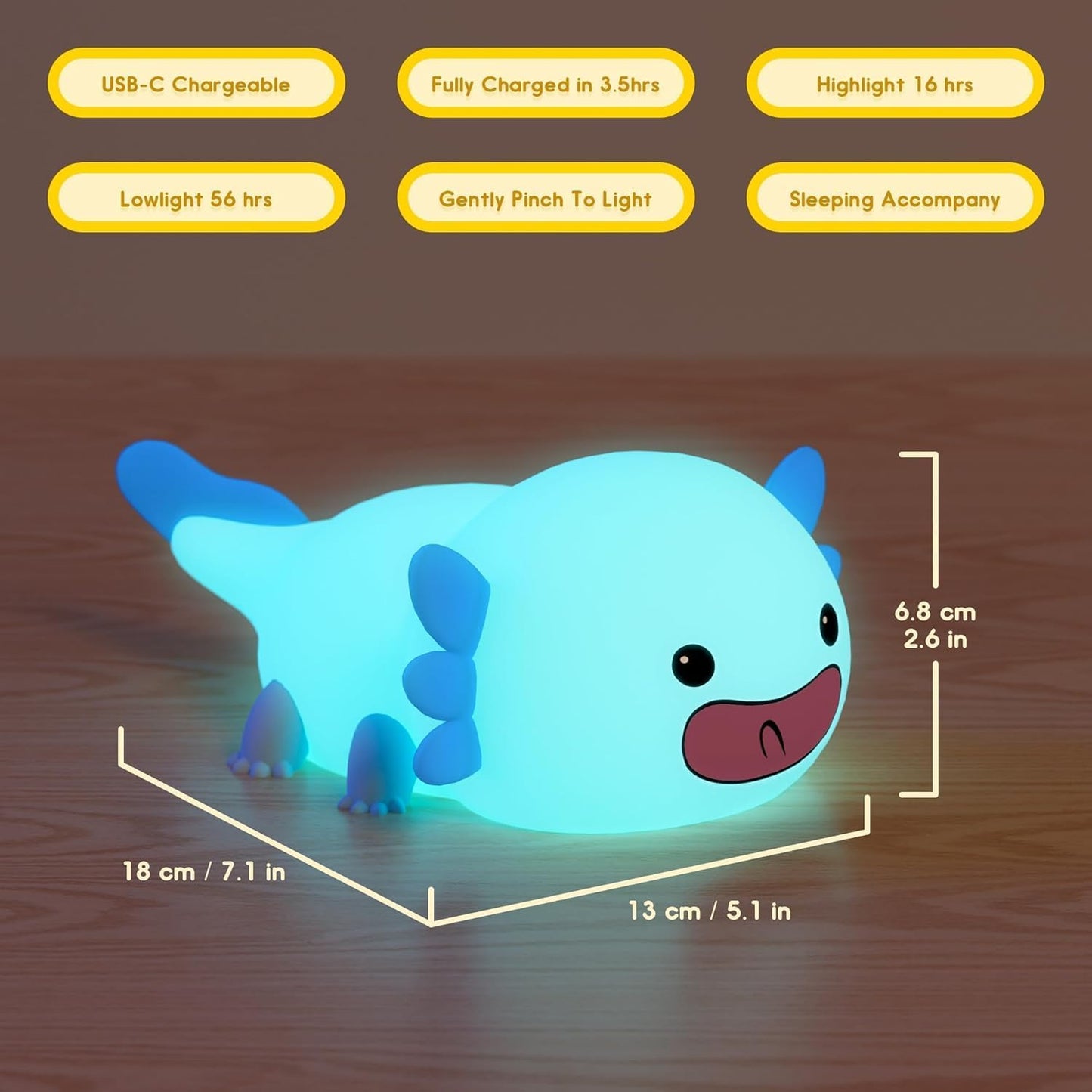 UNEEDE Blue Axolotl Night Light for Kids, Animal Silicone Nursery Night Lamp, Rechargeable Table Lamp, Cute Room Decor Night Light for Bedroom, Living Room, Dining, Desk Decorations, Gift