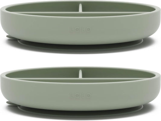 Lalo Suction Plates - 2 Pack, 100% Silicone Non-Toxic BPA-Free Baby Plates with Suction Base To Prevent Accidental Tip-Overs - Suction Plates for Toddlers With Three Divided Sections - Sage