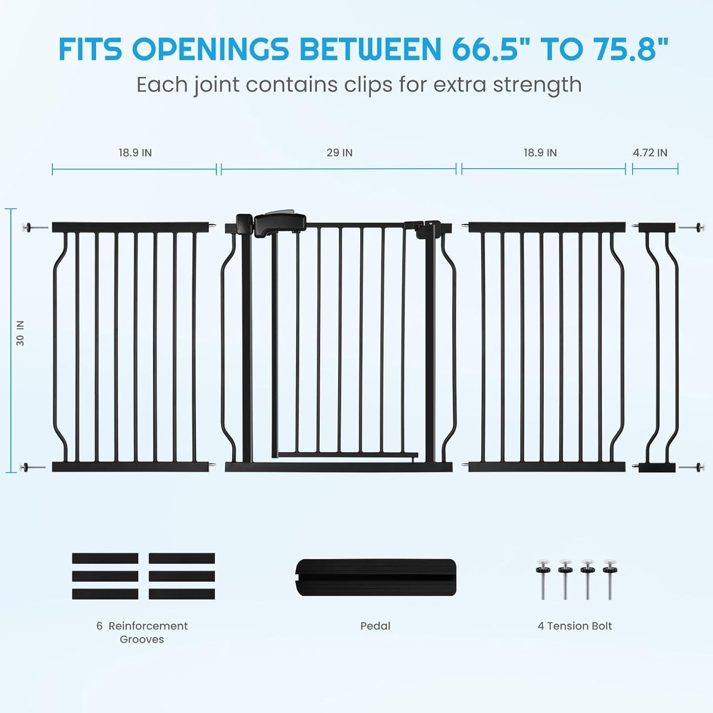 Extra Wide Baby Gate for Stairs Doorways with door, 30" Tall 66.5-75.8" Wide Easy Install Dog Gate indoor, Safety Metal Pressure Mounted Pet Gate with Walk-Thru Auto Close for the House, Black