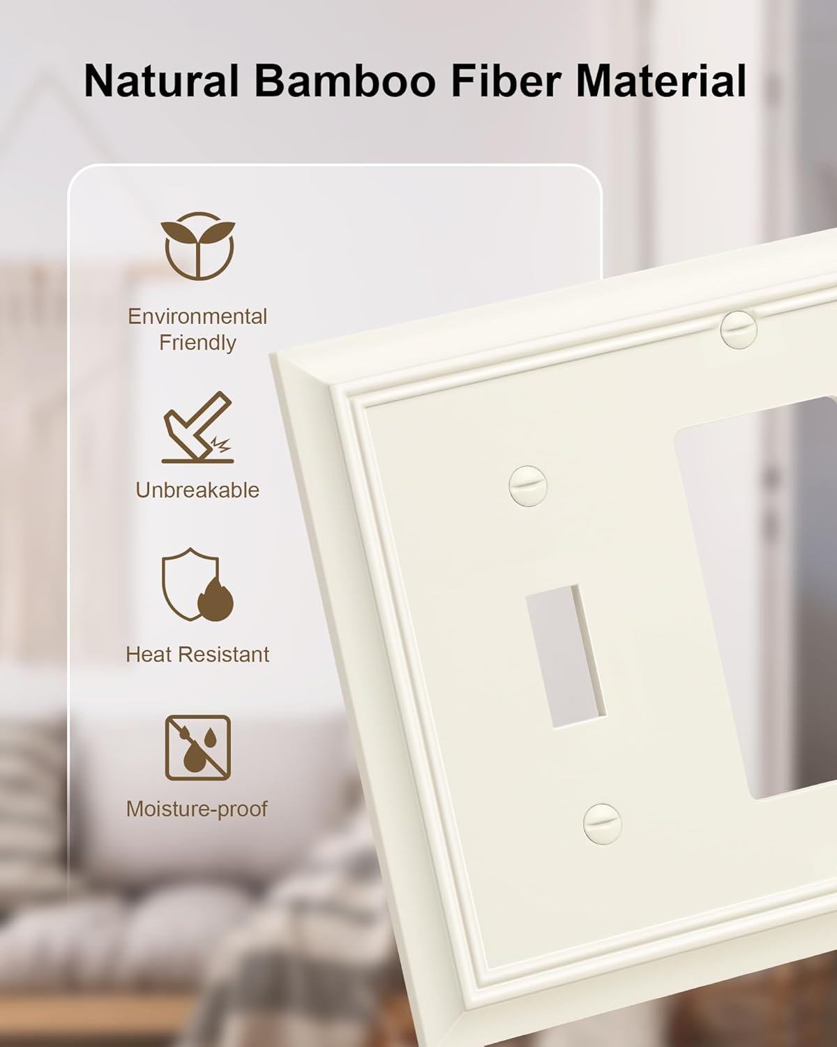 2-Pack Combo Toggle/Decorator Light Switch Cover Plate, Light Almond Decorative Electrical Outlet Covers, Durable Natural Bamboo Fiber Switch Plates and Outlet Covers, Corrosion Resistant