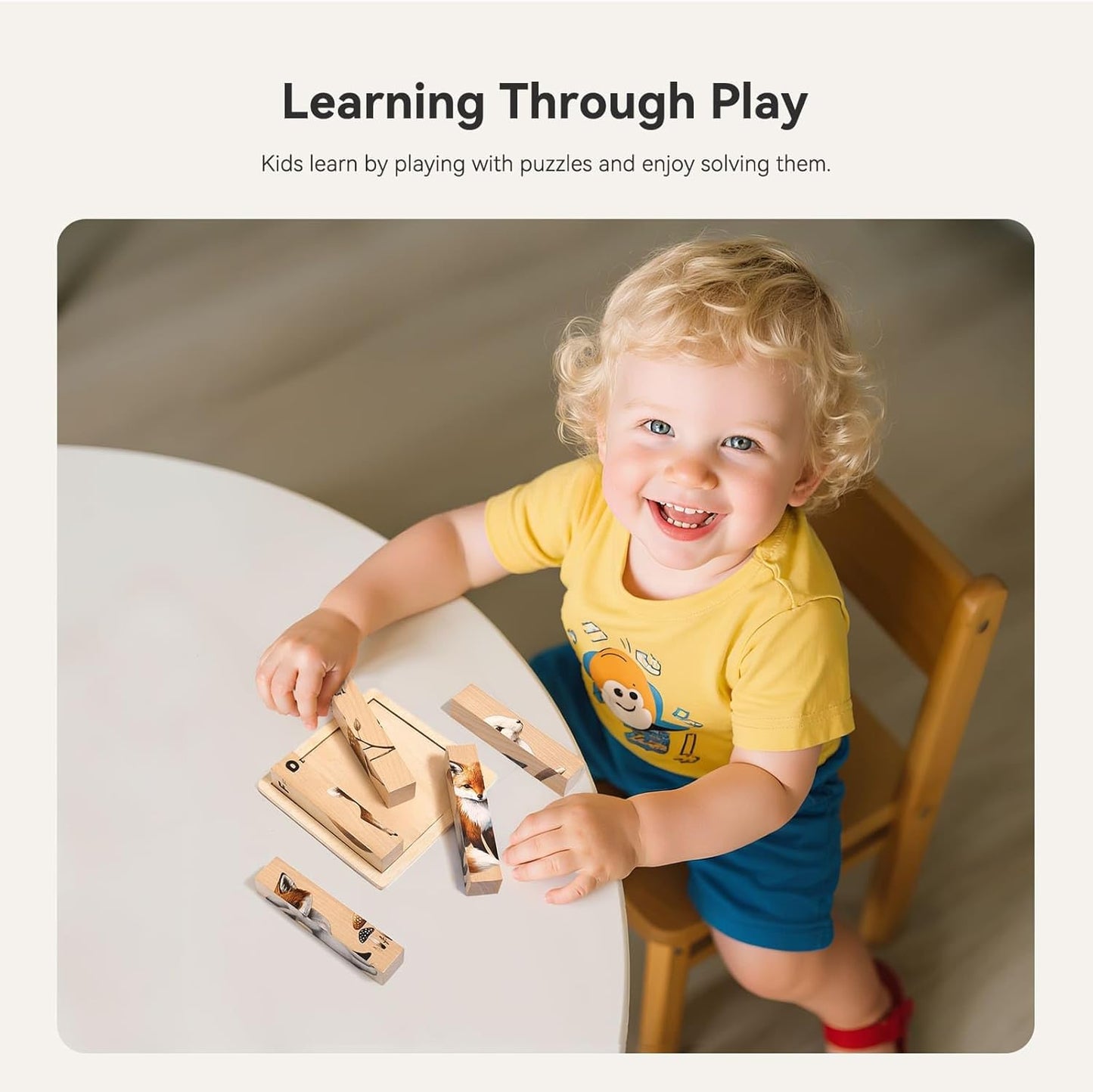 IEATFO 4 in 1 Wooden Animal Chunky Puzzle, 5 Solid Wood Puzzle Blocks with 4 Sides Realistic Forest Animals, Wooden Block Puzzle with Durable Base for Toddlers 3+ Years - Montessori Inspired