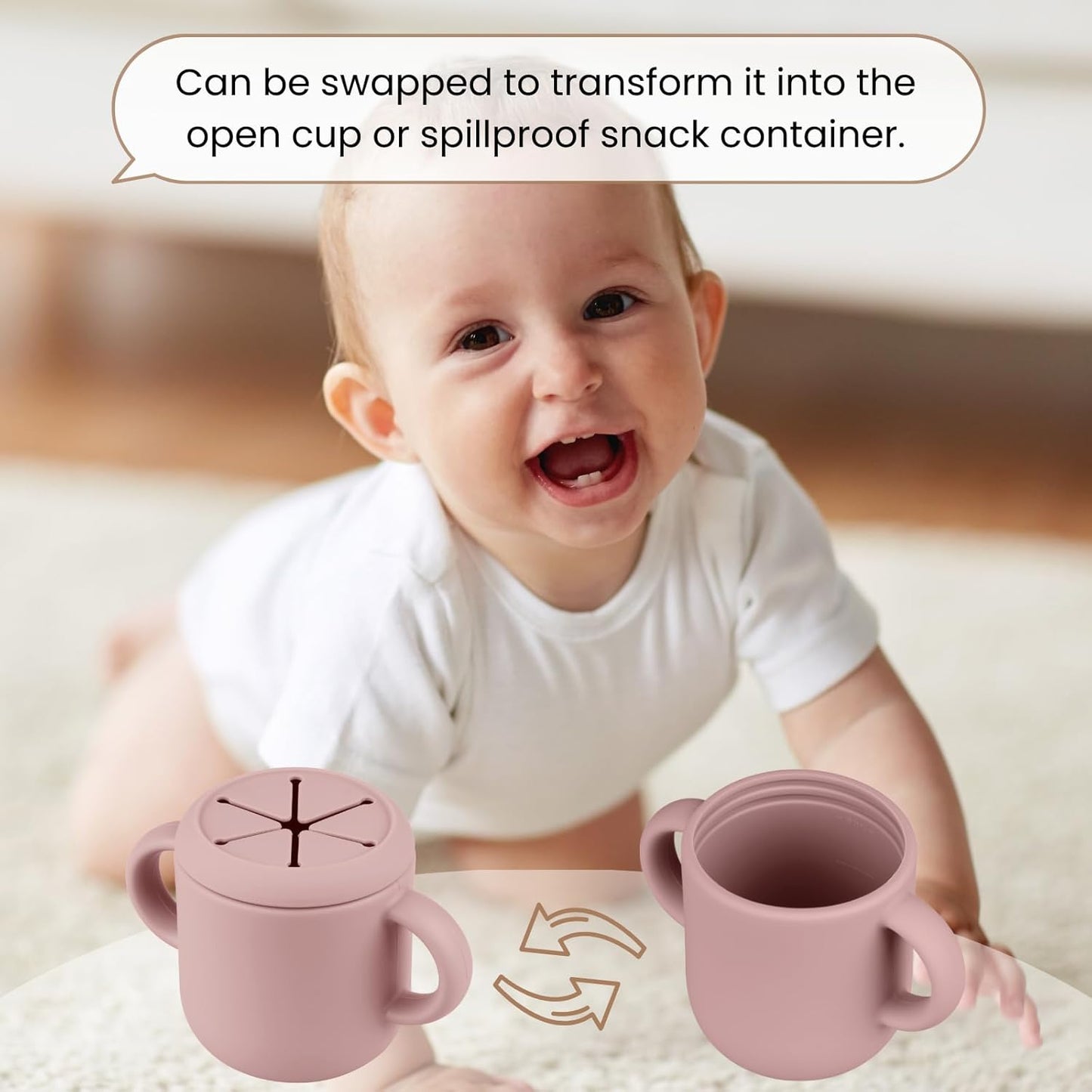 Snack Containers, Silicone Snack Cups for 6-12 Months Toddlers - Pack of 2 Food Grade Silicone Snack Cups with Grip Handle for Baby Led Weaning, Unbreakable (Blush/Mauve)