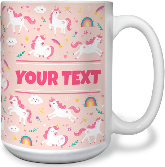Personalized Mug for Kids - Pink Unicorn - Custom Name/Text, Ceramic Hot Chocolate/Cocoa/Coffee Cup for Girls, Birthday/Christmas/Holiday Gift - 15 oz, White Handle