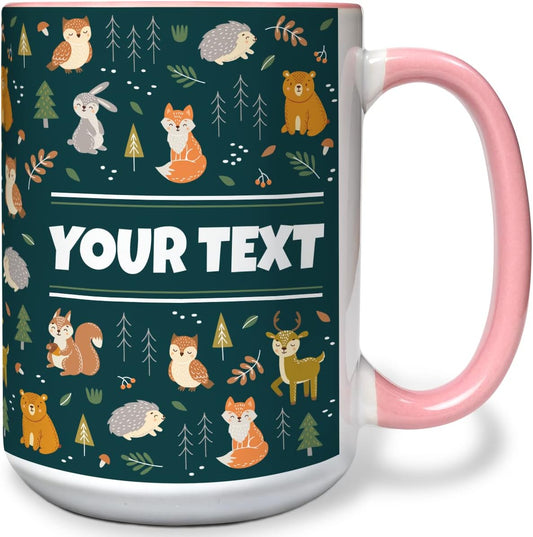 Personalized Mug for Kids - Woodland Animals - Custom Name/Text, Ceramic Hot Chocolate/Cocoa/Coffee Cup for Boys/Girls, Birthday/Christmas/Holiday Gift - 15 oz, Pink Handle