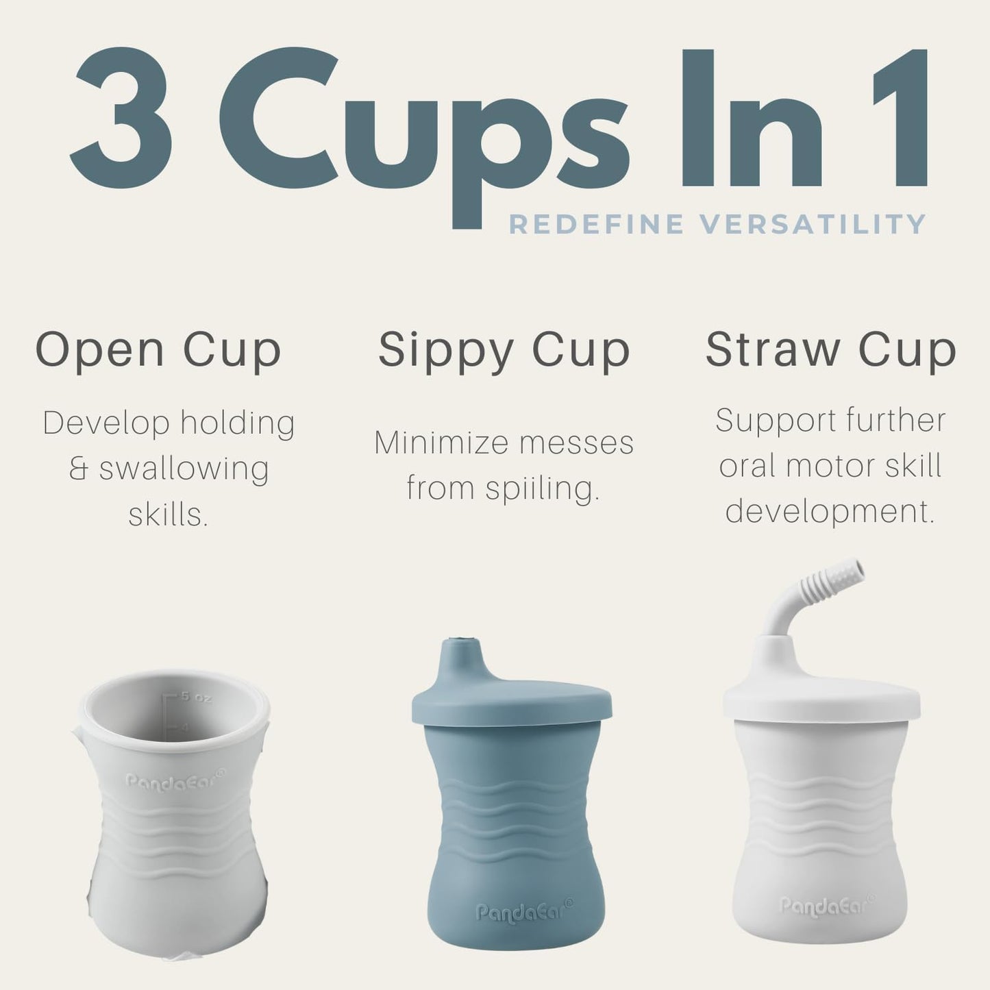 PandaEar Silicone Training Cup, 3 Pack Baby Drinking Sippy Cups with Straw for Baby and Toddler 6 Months+ (Dark Blue/Light Blue/Gray)