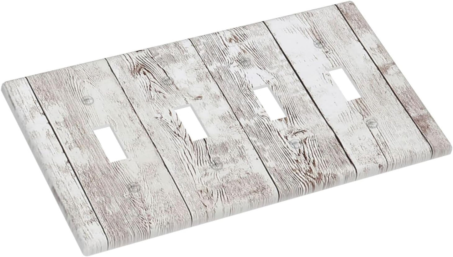 Light Switch Covers Rustic Vintage White Wood Grain Quad Toggle Electrical Faceplate 4 Gang Wall Plate Decorative Switch Plates for Farmhouse Home Decor
