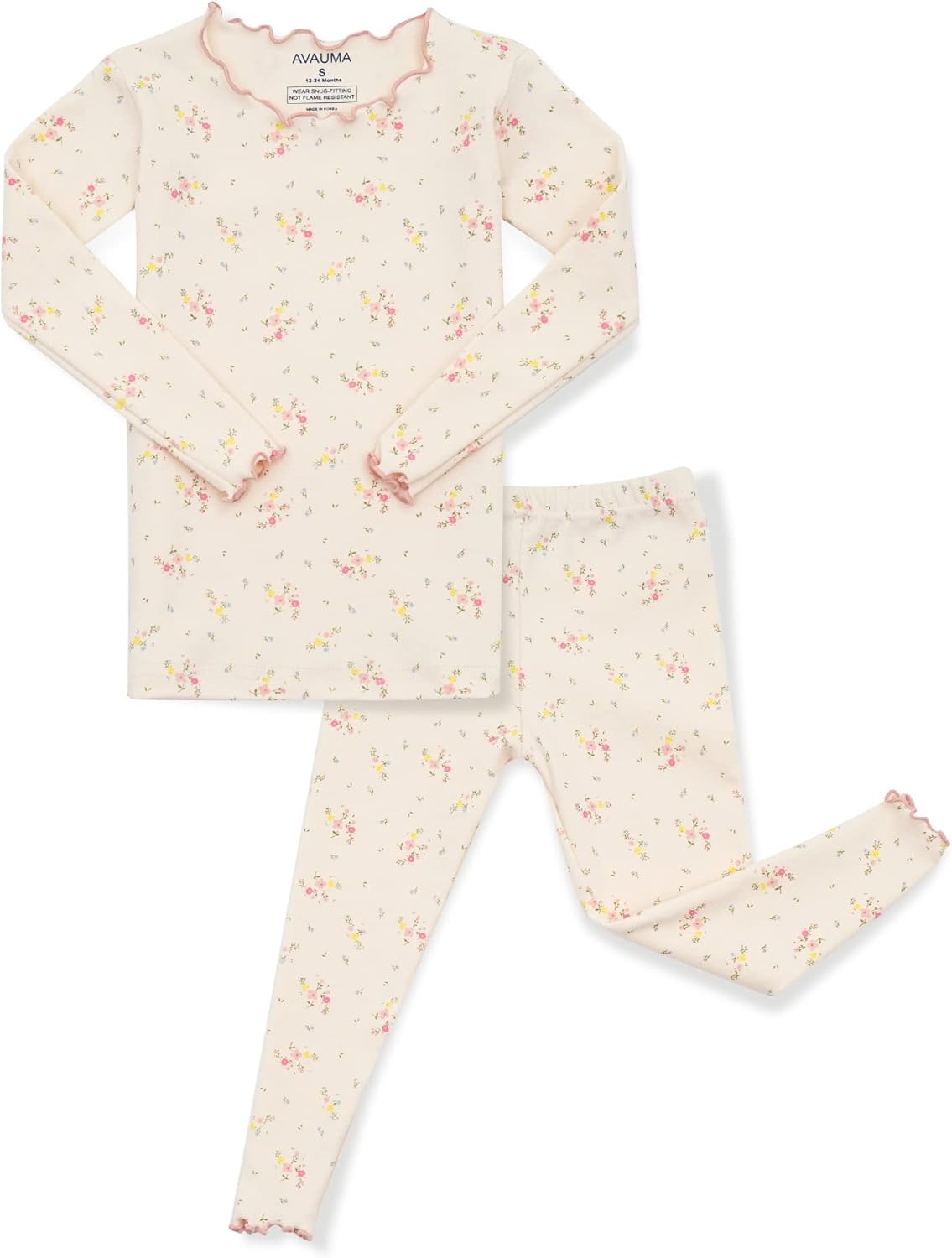 AVAUMA Baby Boy Girl Pajama Set 6M-7T Kids Cute Toddler Snug fit Flower Pattern Design Pjs Cotton Sleepwear Ruffled Shirring
