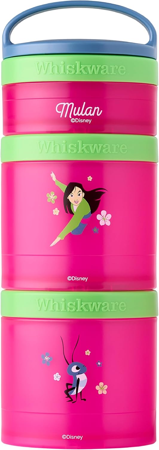 Whiskware Disney Princess Stackable Snack Containers for Kids, 3 Stackable Snack Cups for School and Travel, Mulan and Cri-Kee