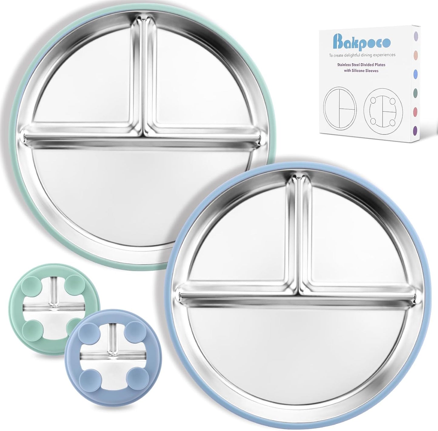 Stainless Steel Toddler Plate with Suction, 9” Divided Plates with Removable Silicone Sleeves for Kids, Non Toxic & BPA Free | Non Slip | Unbreakable Baby Snack Dishes Set of 2, Blue & Sage
