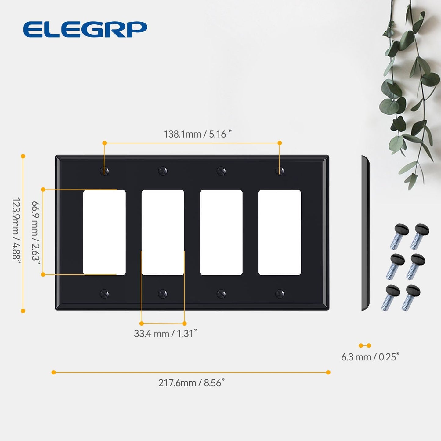 ELEGRP 4-Gang Decorative Wall Plates, Mid-Size 4.88" H x 8.57" L Unbreakable Thermoplastic Faceplate Cover for Decorator Receptacle Outlet Switch, UL Listed (1 Pack, Glossy Black)