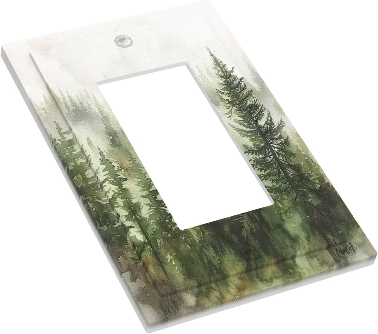 Decorative Outlet Covers Green Forest Watercolor Painting Foggy Pine 1 Gang Single Rocker Light Switch Cover Plate Wall Plates GFCI Faceplate for Bedroom living Room Decor