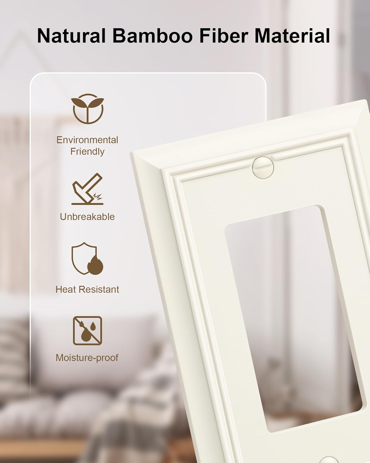 6-Pack Decorator Wall Plate Cover, Light Almond Decorative Switch Plates and Outlet Covers, Durable Natural Bamboo Fiber Wall Plates for Electrical Outlets, Receptacle, GFCI Outlet, Dimmer Switch