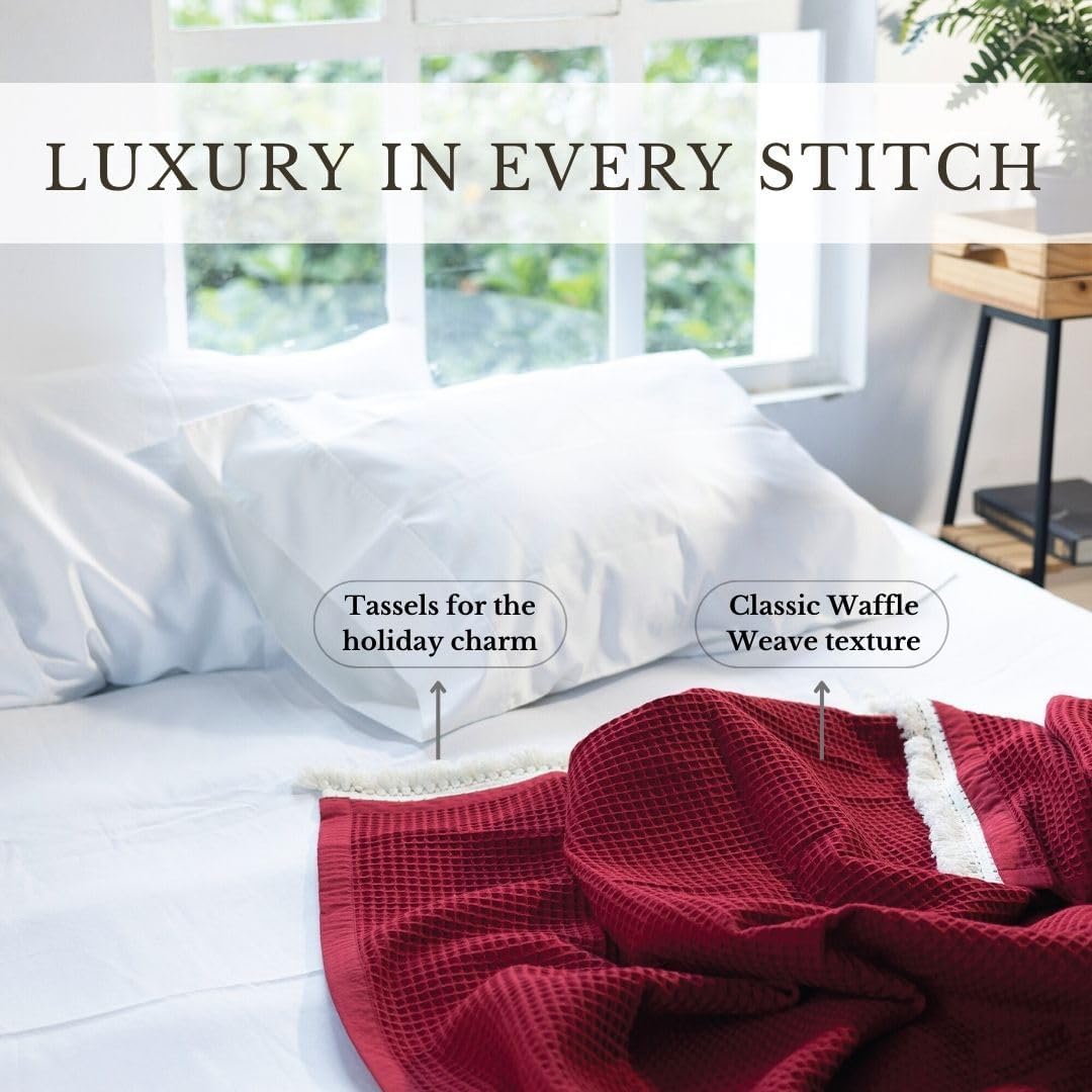 Salt Earth GOTS Certified 100% Organic Cotton Throw Blanket, 55" x 60" Waffle Blankets & Throws for Bed, Throw Blanket for Couch, Modern & Cozy Blanket, All Season,Comfy & Soft Blanket(Red Dahlia)