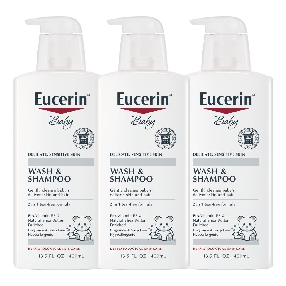 Eucerin Baby Unscented Baby Shampoo and Body Wash, Tear Free Shampoo and Wash, 13.5 Fl Oz Pump Bottle, Pack of 3