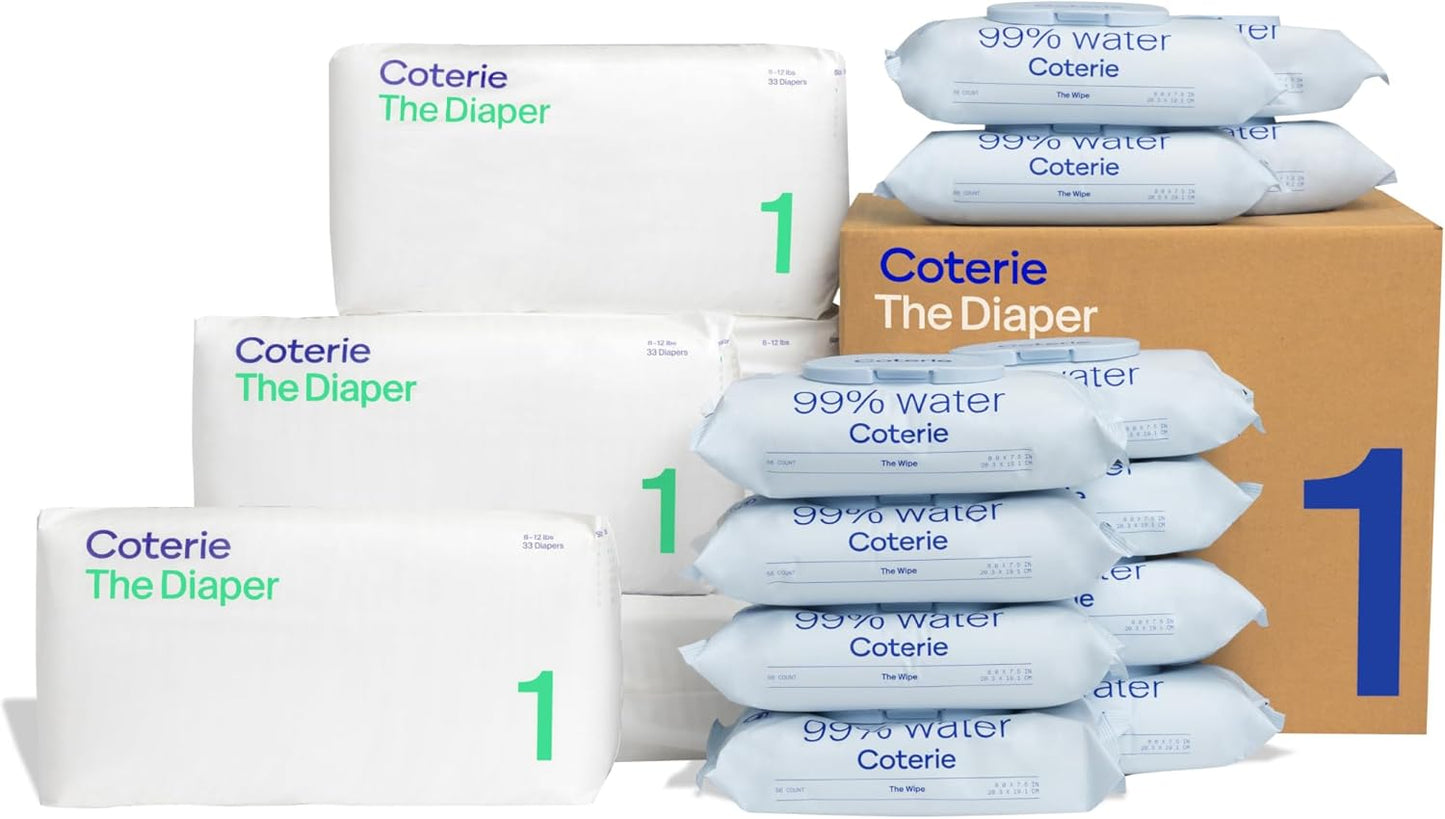 Coterie Baby Wipes + Diapers Kit, Size 1 Diapers (198 Count) & 12 Pack (672 Count) Baby Wipes with 99% Water, Plant Based Materials, Hypoallergenic for Sensitive Skin