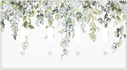 Light Switch Covers Boho Farmhouse Flower Leaf Sage Green Quad Toggle Electrical Faceplate 4 Gang Wall Plate Decorative Switch Plates for Bedroom Cabin Decor