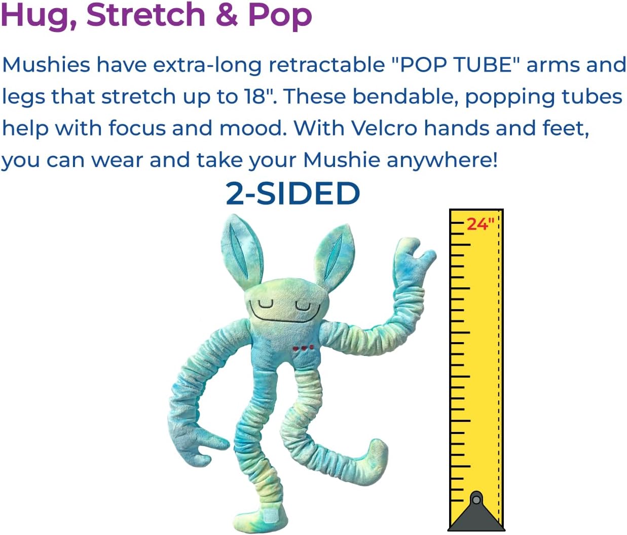 Mushies Stretchable Pop Tube Toy – Extra-Long 18" Retractable Arms/Legs, Hook and Loop Hands/Feet – Wearable, Bendable Fidget for Focus, Mood & On-The-Go Fun