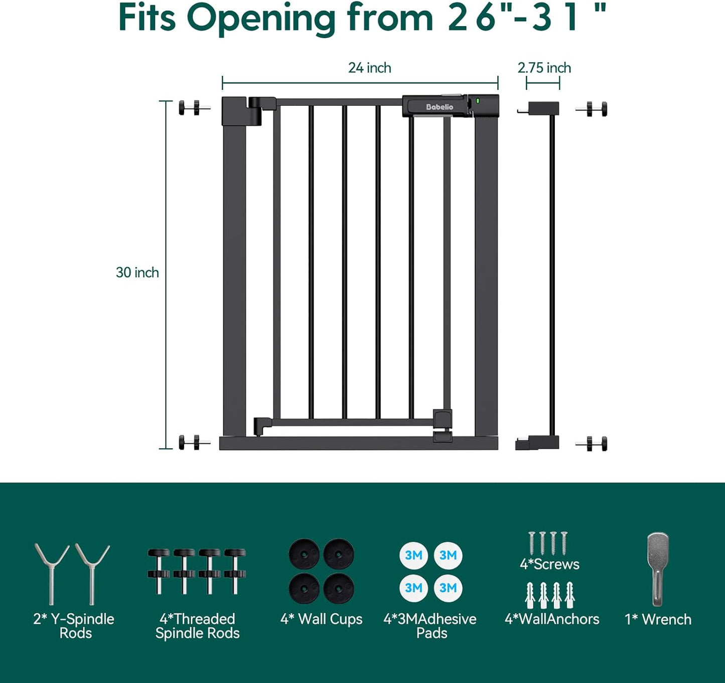BABELIO Baby Gate for Doorways and Stairs, 26-31" Pet Gate with Wide Walk Thru Door and Lock Indicator, No Drill Pressure Mounted Safety Gate with Double Lock and Self-Closing, Black