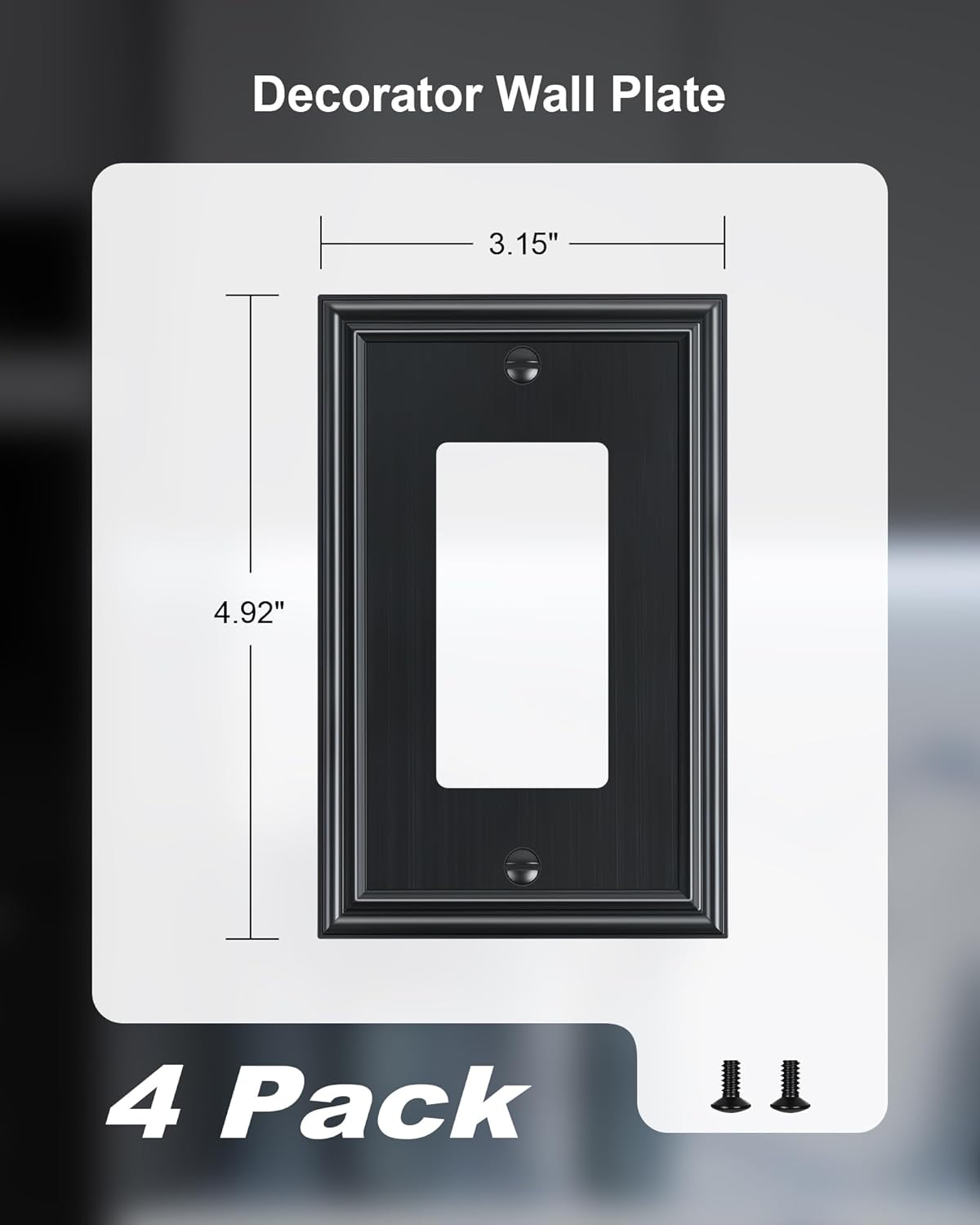 TREWELL 4-Pack Black Decorative Switch Plates and Outlet Covers, Durable Zinc Alloy, Compatible with Decorator Outlet Receptacle, Rocker Switch, Dimmer Switch, GFCI Outlets, Size 3.15''W x 4.92''H