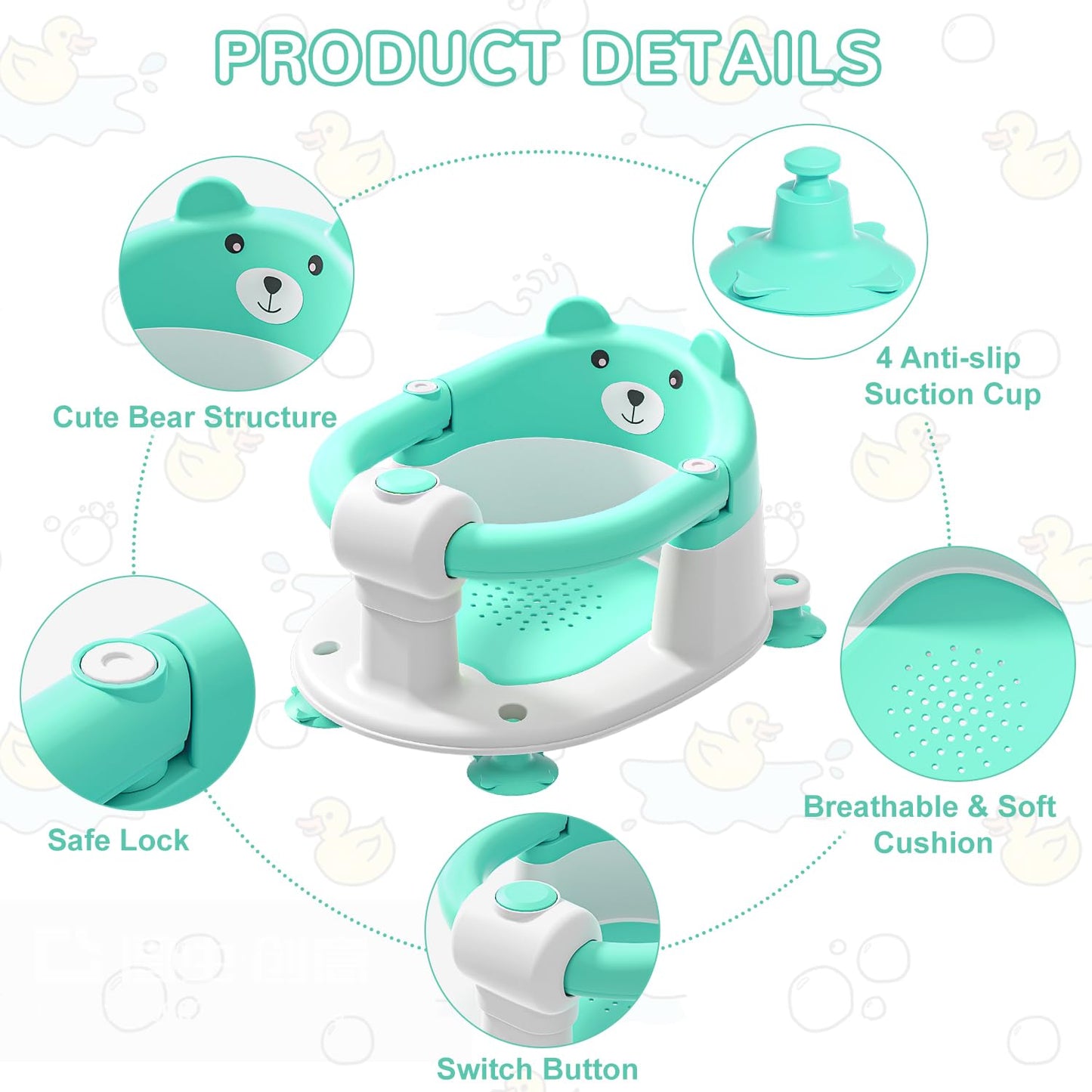 Baby Bath Seat for Babies 6 Months & up, Non-Slip Toddler Bath Seats for Babies Sitting Up, Safe Infant & Newborn Bathtub Chair with 4 Suction Cups & Soft Cushion for Shower,Mint