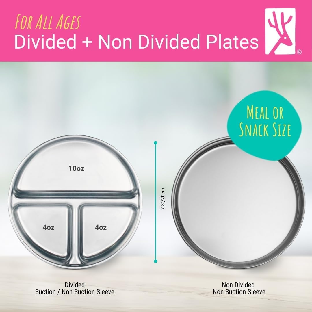 Elk and Friends 7.8” Stainless Steel Non Divided Plates with Silicone Sleeve + Storage Lid | Baby, Toddler, Kids | Dishwasher Safe | Dinner & Snack Plates | 2 Pack