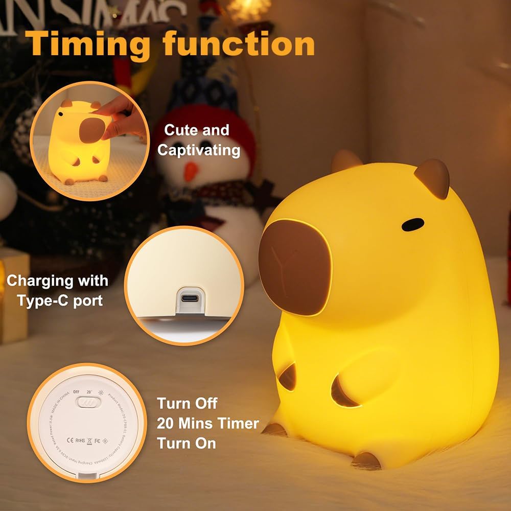 Capybara Night Light for Kids,LED Rechargeable Capybara Lamp,Silicone Baby Night Lights Kawaii Room Decor for Bedroom,Birthday Gifts for Boys Girls, Children's Christmas Gifts