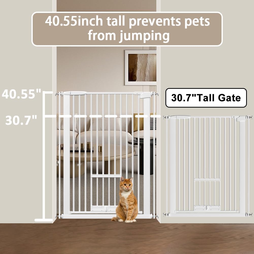 40.55" Tall 1.37" Ultra Narrow Spacing 30.12-61.61" Extra Wide Dogs Pets Baby Gate with Door for Doorway Cat Safety Proof Indoor Puppy Pressure Mounted No Drill White Black Metal Hallway