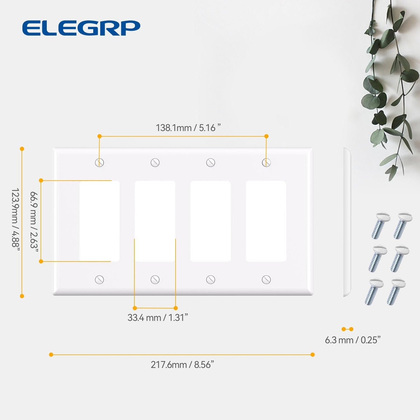 ELEGRP 4-Gang Decorative Wall Plates, Mid-Size 4.88" H x 8.57" L Unbreakable Thermoplastic Faceplate Cover for Decorator Receptacle Outlet Switch, UL Listed (1 Pack, Glossy White)