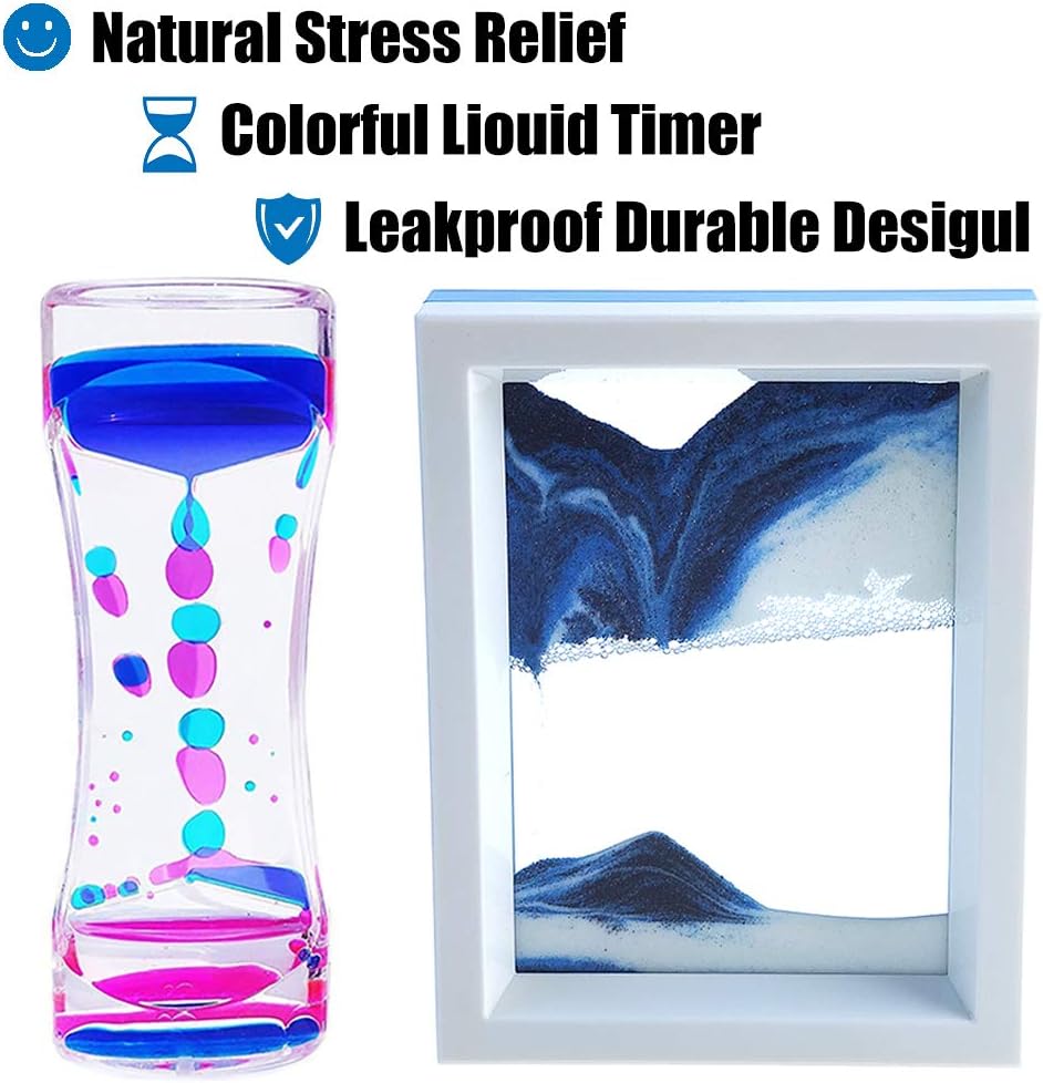 Liquid Motion Bubbler Timer and Moving Sand Art Picture 2 Pack Colorful Hourglass Liquid Bubbler Art Toys Activity Calm Relaxing Desk Toys Voted Best Gift!