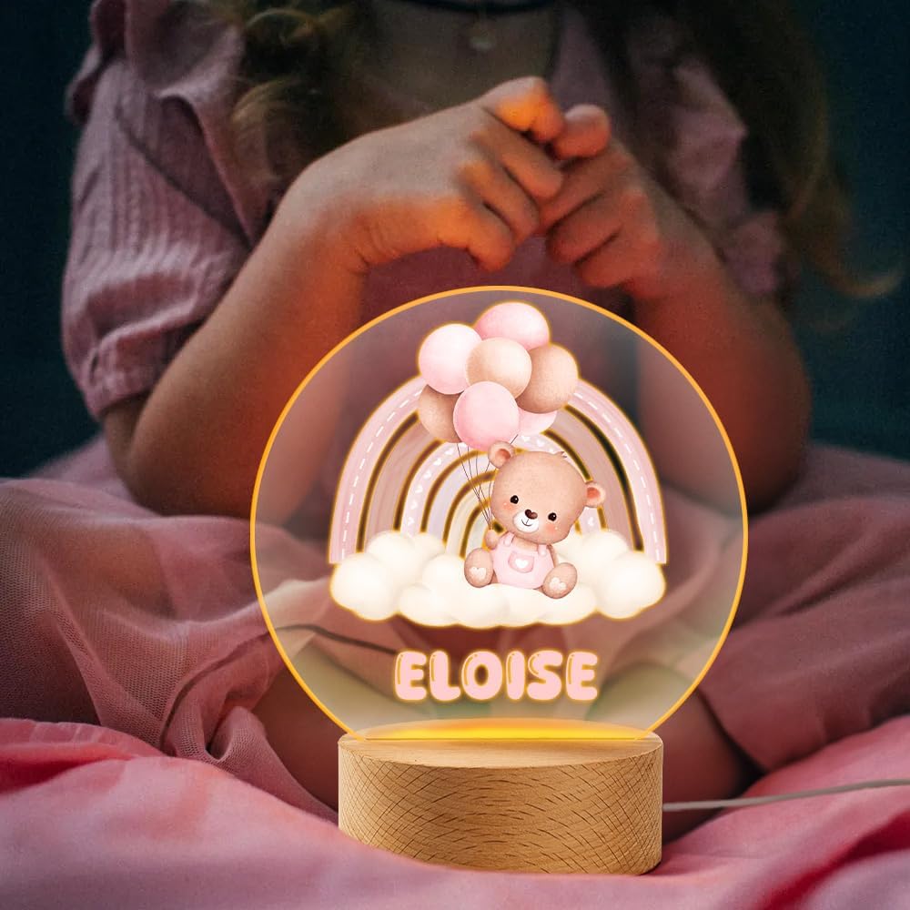 callie Acrylic Night Light Name Plate Personalized, Custom Cute Sleep Bear with Wooden Base Bedroom Decor, Birthday Gifts Christmas Gifts for Family (Cute Bear)