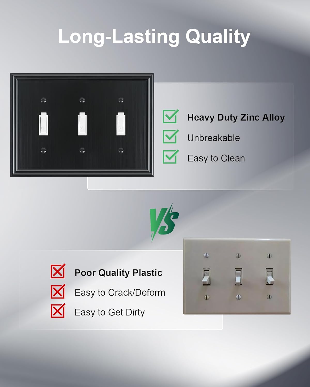 2-Pack Triple Toggle Light Switch Cover Plate, Durable Solid Zinc Alloy Decorative Switch Plate Covers, Black 3 Gang Wall Plate, Corrosion Resistant