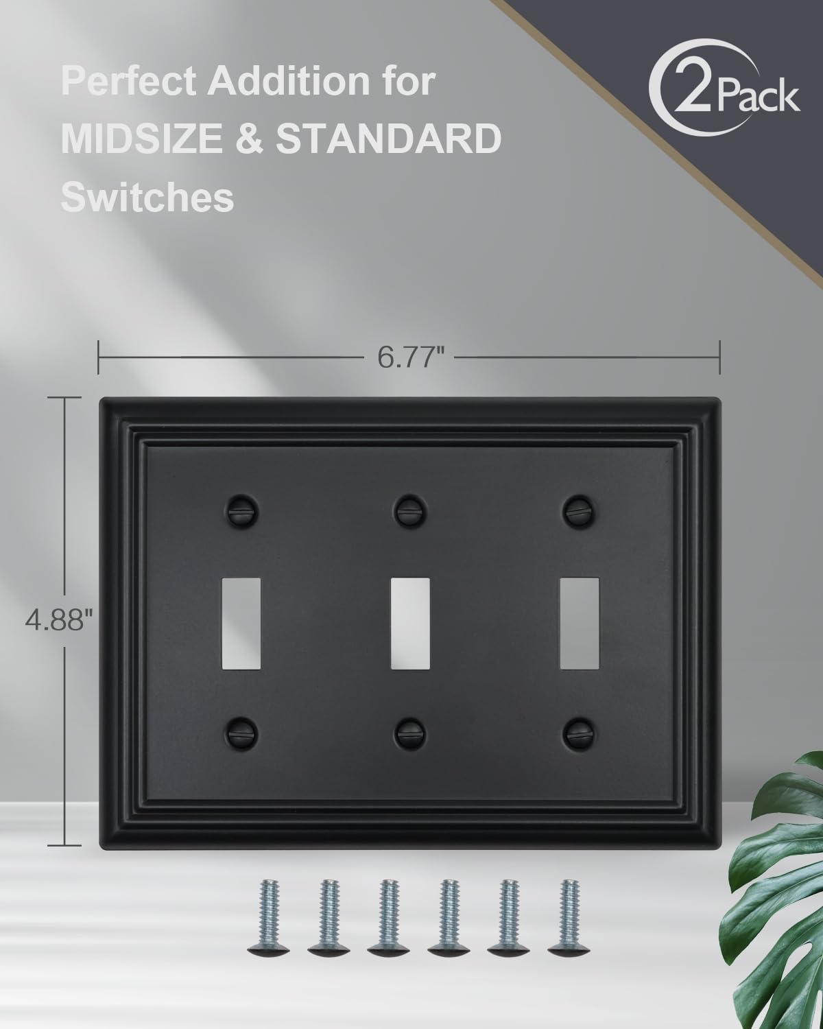 2-Pack Triple Toggle Wall Plates, Black Light Switch Covers, Decorative Switch Plate Covers, Durable Metal, 6.77''*4.88'', Midsize