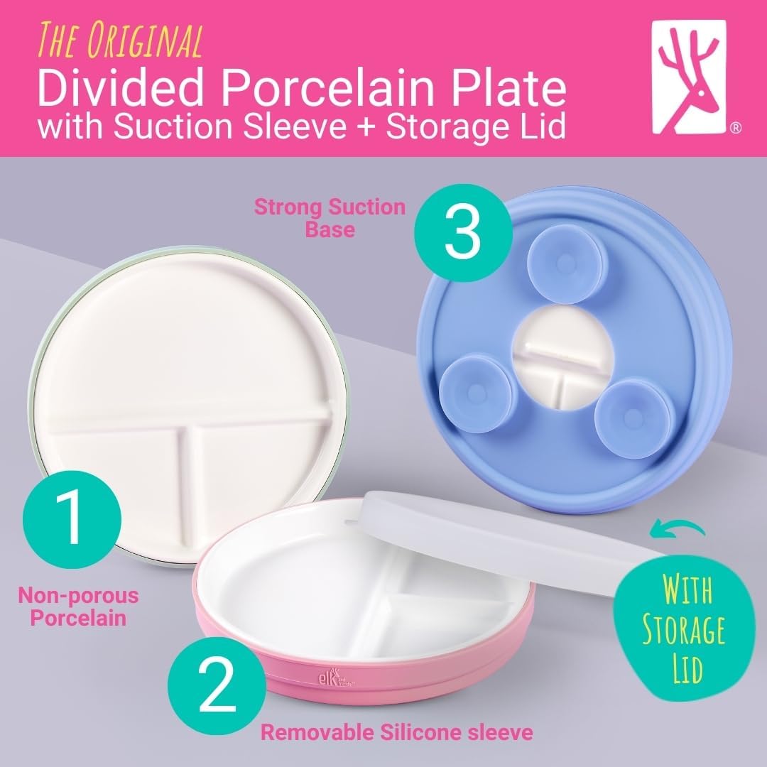 Elk and Friends Kids 6.7” Porcelain Divided Plates with Silicone Suction Sleeves + Silicone Lids | Suitable for Babies/Kids/Toddlers | Microwave & Dishwasher Safe | Non Slip | Snack Dishes | 4 Pack