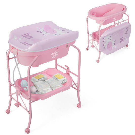 BABY JOY Baby Bathtub with Changing Table, Foldable Infant Diaper Changing Station with Storage Tray, Waterproof Pad, Portable Newborn Nursery Organizer Bath Stand with 4 Universal Wheels (Pink)