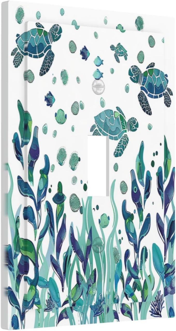 Decorative Light Switch Cover Vibrant Turtle Seagrass Watercolor Painting 1 Gang Single Toggle Device Electrical Faceplate Switchplates Decorator Outlet Wall Plate for Bathroom living Room